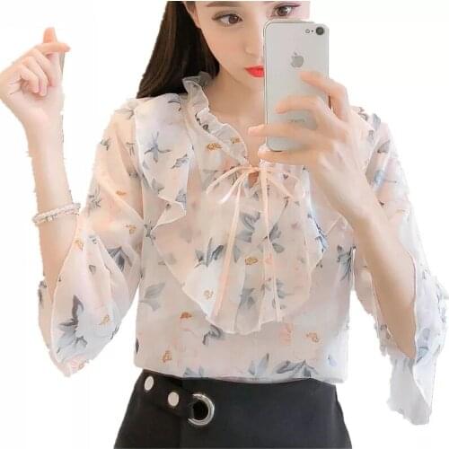 Floral Printed Chiffon Blouses Women Summer Bow Tie Stand Collar Shirt Top Korean Casual Blusas Femininas Pink Black DD2482