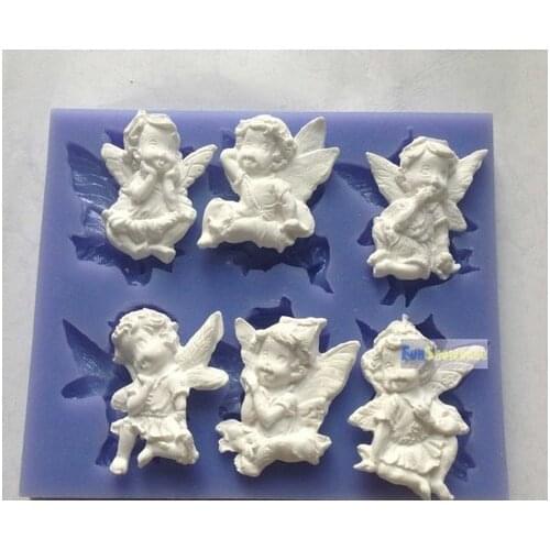 Large 6 holes Food Grade Angle Baby, Angelic Cherub with wings Icing Mould silicon mold for Cake Decoration
