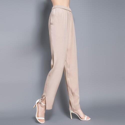 Elastic satin 19 momme fancy crepe georgette mulberry silk elastic waist harem pants high waist loose straight pants summer20116