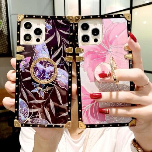 Pretty pink flowers case for iPhone 12 11 Pro Max X XS XR SE 2020 7 8 Plus With Finger Ring golden prismatic border Phone Cover