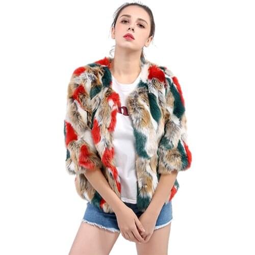 Colorful Women Winter Faux Fur Jacket Coat Slim Short O Neck Five Point Sleeve Female Faux Fur Coat Warm Soft Ladies Fox Fur Coa