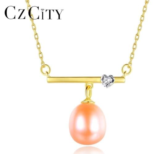 CZCITY Freshwater Pearls Pendant Necklaces for Women 925 Sterling Silver Accessories with Small CZ Heart Fine Jewelry FN-0243