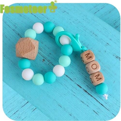 Fosmeteor Baby Teether Bracelet BPA Free Silicone Beads Beech Wooden Teether Soother Molar Teething Toys Lobster Clasp Rattles