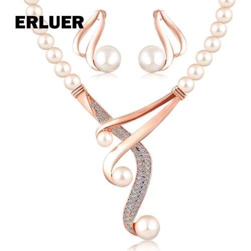 ERLUER Fashion Jewelry Sets Rose Gold Color African Beads Wedding Bridal Crystal Imitation Pearl Necklace Earring Set For Women