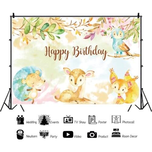 Colorful Forest Wildlife Fawn Giraffe Backdrops Photo Background Happy Birthday Party Decorations for Kids Photography Props