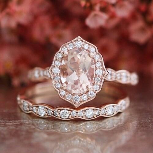 Female Big Oval Stone Ring Set Luxury Rose Gold Silver Color Ring Vintage Wedding Band Promise Engagement Rings For Women New