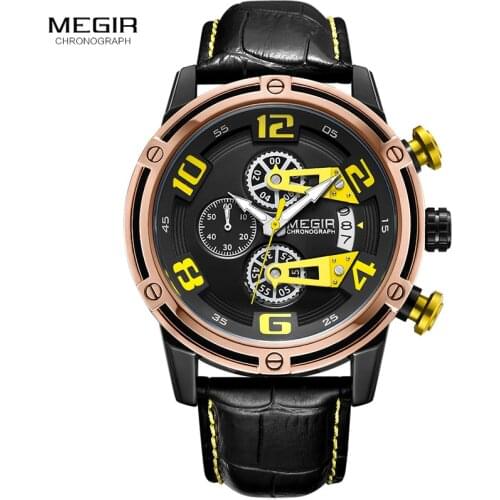 Megir Mens Leather Sports Quartz Watches Chronograph Luminous Waterproof Army Wristwatch Man Relogios Masculino 2078 Yellow
