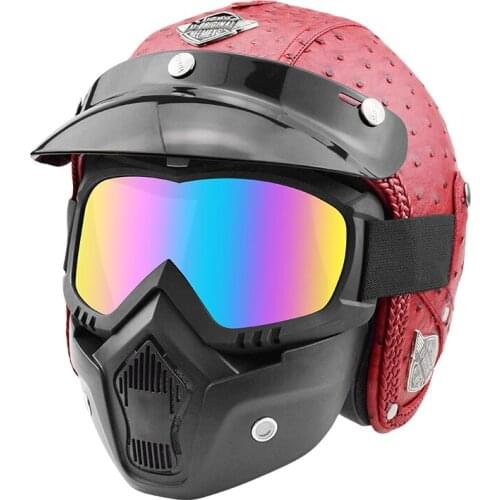 PU Leather Open Face Helmet Motor 3/4 Motorcycle Helmets Vintage Motorbike Headgear for Helmet Motocross With Visor