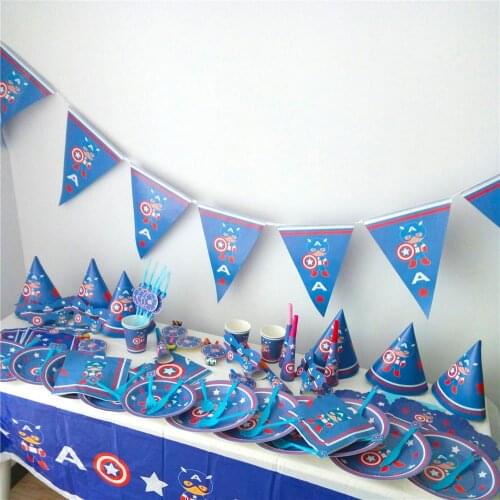 Captain America Theme Tableware Set Birthday Party Decoration Kids Balloons Napkin Cups Tablecloth Flag Straw Party Supplies