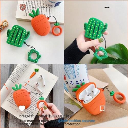 New 3D Cactus Carrot Keychain Keyring For Apple Airpods Case Earphone Shockproof Silicone Protect Cover With Finger Ring Strap