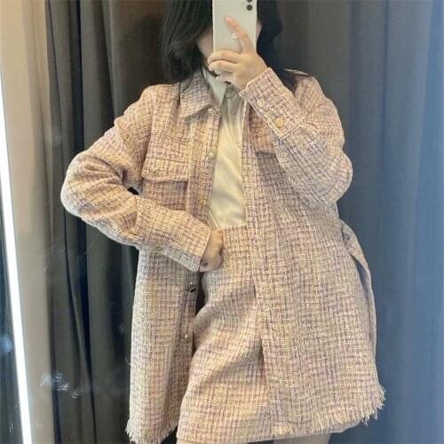 2021 autumn womens clothing new fashion POLO collar plaid fringed edge bright silk with belt tweed small fragrance long coat