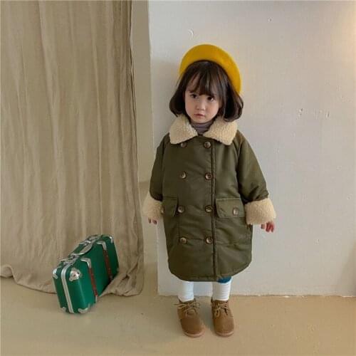 Girls Boys Babys Coat Jacket Outwear Green Button Fur Thicken Winter Plus Velvet Warm Tracksuit Fleece Childrens Clothing