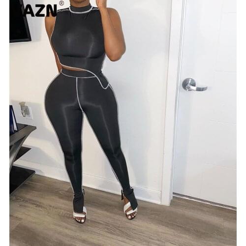 VAZN Popular sexy chic 2020 summer sexy lady black solid 2-piece long set sleeveless O-neck pullover tops skinny new pants sets