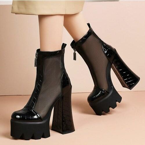Sexy Super High Heel Summer Net Boots Women Platform Zipper Ankle Boots Fashion Round Toe Square Heel Spring Short Boots Black