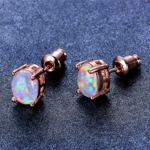 White Blue Green Opal Earrings Cute Oval Stone Small Stud Earrings For Women Fashion Jewelry Vintage Rose Gold Wedding Earrings