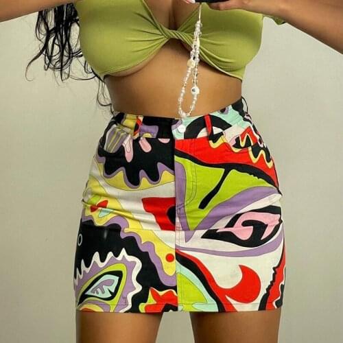 Vintage Print Bodycon Mini Skirt Sexy Casual Fashion Patchwork Skirts 2021 Summer High Waist Button Streetwear Party Women Skirt