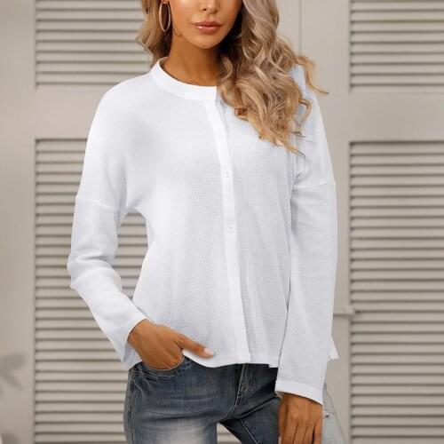 Womens knitted round collar button shirts solid long sleeve tops loose women shirt elegant casual fasion autumn winter 2021