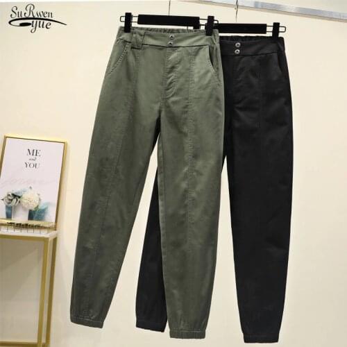 High Waist Plus Size Casual Loose Broadcloth Elastic Waist Ankle-length Army Green Black Trousers Women Cargo Pants Women 11701