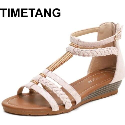 TIMETANGSummer Fashion Wedge Woman Sandals T-tied Casual Sewing Rome Ladies Shoes Platform Retro Sandalias Female Plus Size