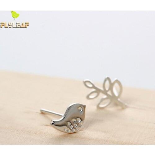 Flyleaf 100% 925 Sterling Silver Tree Branches Birds Stud Earrings For Women Creative Design Lady Fashion Jewelry