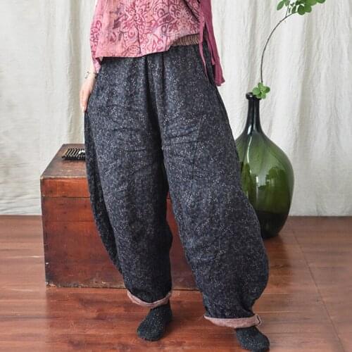 QPFJQD Ladies Retro Print Floral Elastic Waist Pockets Trouser Spring Autumn Original Female Loose Linen Wide Leg Long Pants