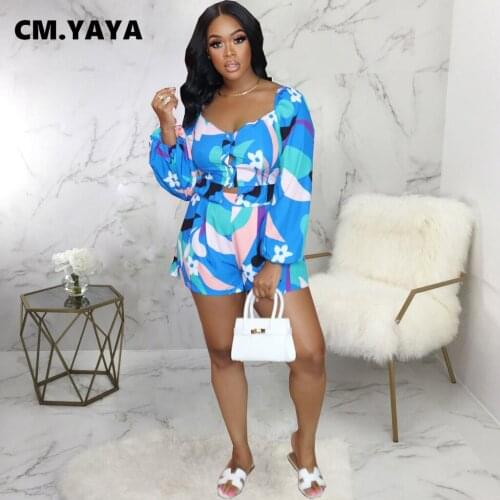 CM.YAYA Women Set Print Full Sleeve V-neck Single Breasted Crop Tops Stretchy Shorts Two 2 Piece Sets Sexy Fashion Outfit Autumn