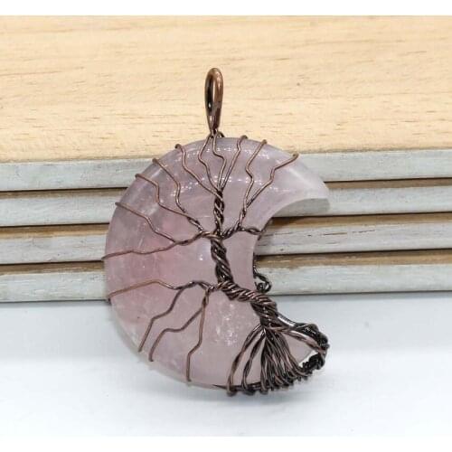 100-Unique 1 Pcs Copper Plated Half Moon Natural Rose Pink Quartz Pendant Classic Style Jewelry