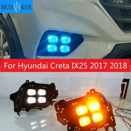 2Pcs DRL For Hyundai Creta IX25 2017 2018 LED Daytime Running Light fog lamp South American version w/ yellow turn signal relay