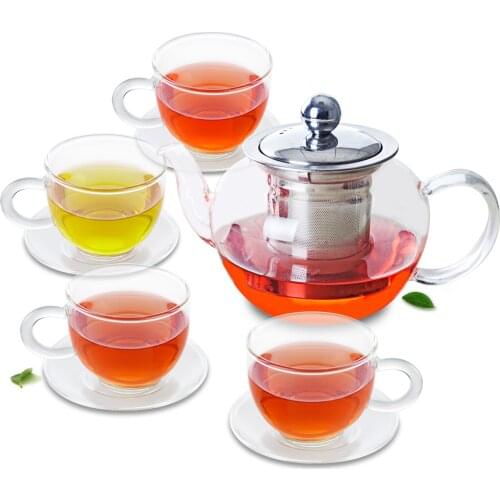 9in1 Kung fu Coffee Tea Set-485ml Apple-shaped Glass Tea Pot with Stainless Steel Infuser & Filter Lid+4* 100ml Mug +4* Saucer