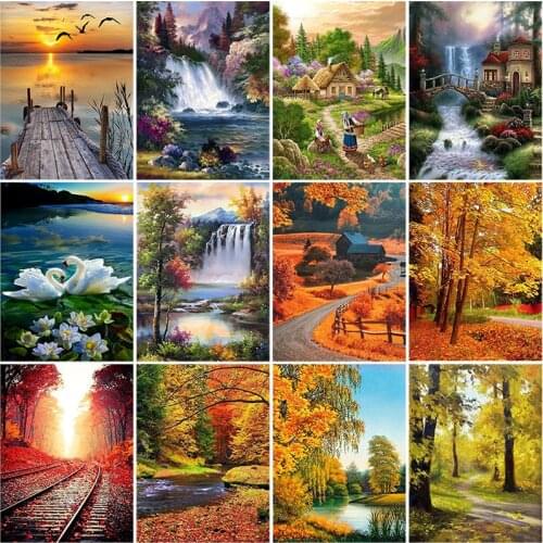 DIY 5D Diamond Painting Autumn Tree Landscape Diamond Embroidery Scenic Cross Stitch Full Round Mosaic Rhinestones Home Decor