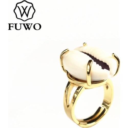 FUWO Natural Cowrie Ring With Gold Brass Filled Minimalist Design Raw Seashell Ring For Women Gift Adjustable Size RG501