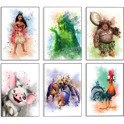 Disney Moana Characters Canvas Art Paintings Watercolour Splash Art Effect Poster and Print Wall Art Picture Home Decoration