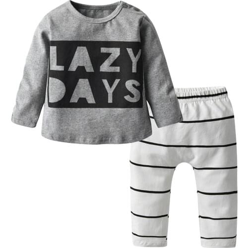 Baby Boys Clothing Sets Lazy Days Letter 100% Cotton O-Neck Tops+Stripe Elastic Pants 2PCS Baby Toddler Outfits