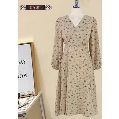 Floral Printed beautiful long dress womens classic Korea Japan Temperament Lady V Neck A Line Vintage Retro Dress Bow Tie E2501