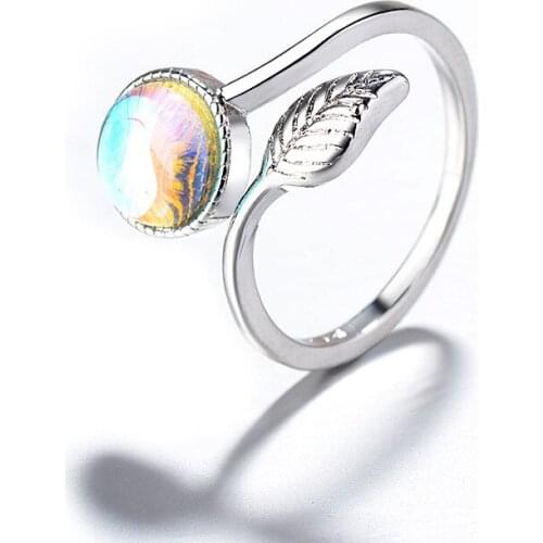 Crystal Leaf Ring Female Small Fresh Moonstone Fruit Leaf Live Ring Round Crystal Ring