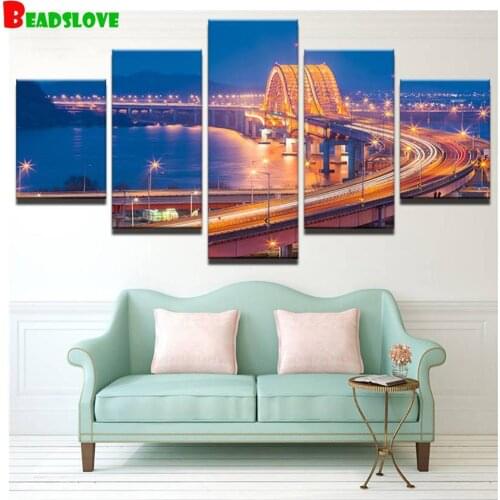 Modern City Bridge Night Landscape diamond painting 5 panel diamond embroidery full round square drill 5d diy mosaic puzzle 3d