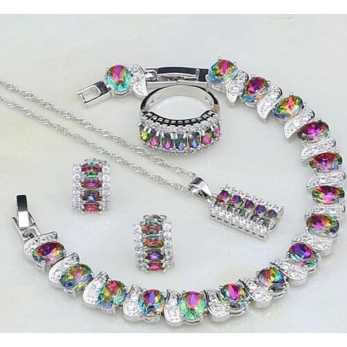 Rainbow Mystic Cubic Zirconia 925 Sterling Silver Jewelry Sets For Women Wedding Stud Earrings/Necklace/Bracelet/Pendant/Ring