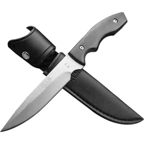 DuoClang NEW Survival Hunting Knife Stainless Steel Blade, Wood Handle Belt Back Clip Fixed Blade Knife with Leather Sheath