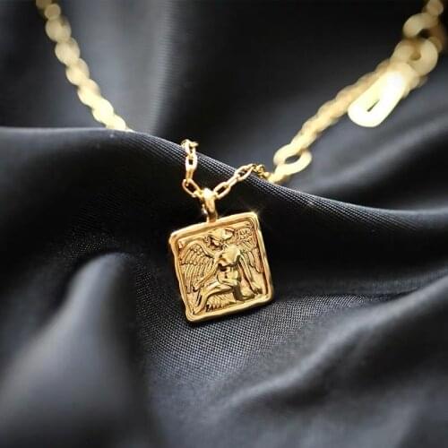 Titanium Square Angel Charm Necklace Designer T Show Runway Boho Trendy Gown Wedding Jewelry Rare Japan Korean Style Ins