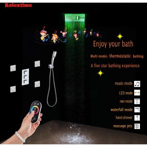 Bluetooth LED Ceiling Music Shower head Waterfall Rainfall Bathroom Shower Set Multifunction Concealed Thermostatic Shower Mixer
