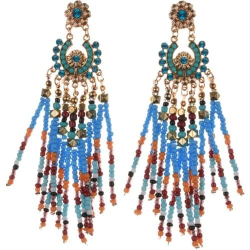 JERPVTE Multicolor Women Bohemia Statement Big Long Earrings Jewelry Fashion Beads Tassel Drop Dangle Earrings