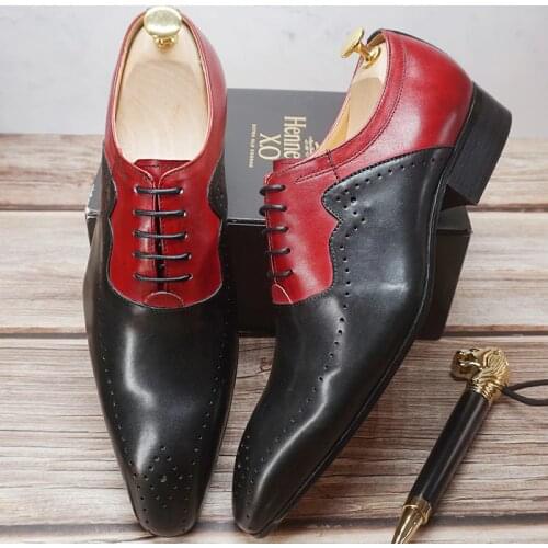 Luxury Men Oxford Shoes Lace up Pointed Toe Classic Black Mixed Red Geunine Leather Dress Shoes Office Wedding Men Formal Shoes