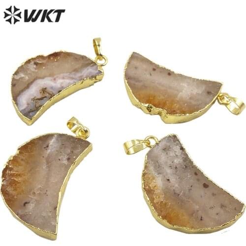 WT-P1524 Natural stone pendant yellow quartz stone pendant crescent shape with gold trim pendant raw stone pendant