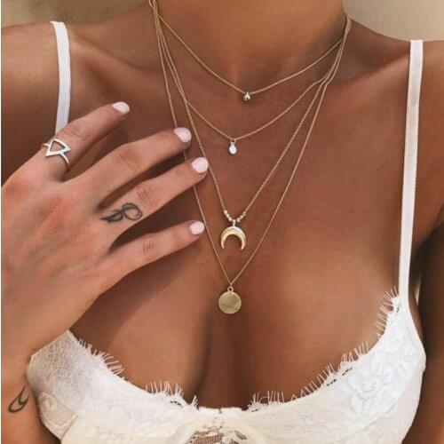 Gold Color Long Tassel Moon Necklaces & Pendants For Women Multi Layer Sequins Choker Necklace Small Crescent Moon Jewelry