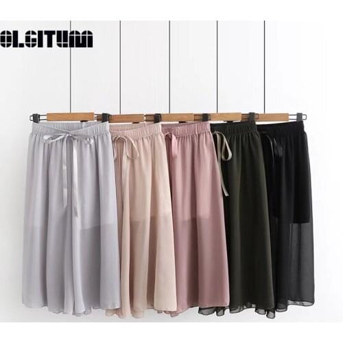New 2020 Women Summer Wide Leg Solid Calf-Length Hakama Fresh Korean Loose Thin Pants Chiffon Cropped Trousers PT339