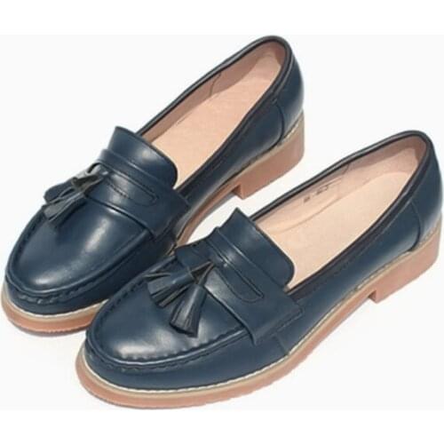 British Polished Flat Tassel Oxford Shoes For Woman Large Size 32-43 Spring Autumn New Pedal Genuine Leather Loafers Shoes Women