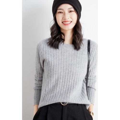 Autumn and Winter Wool Womens Round Neck Pullover Sweater Korean Loose Pit Strip Long-Sleeved Base Coat 62111