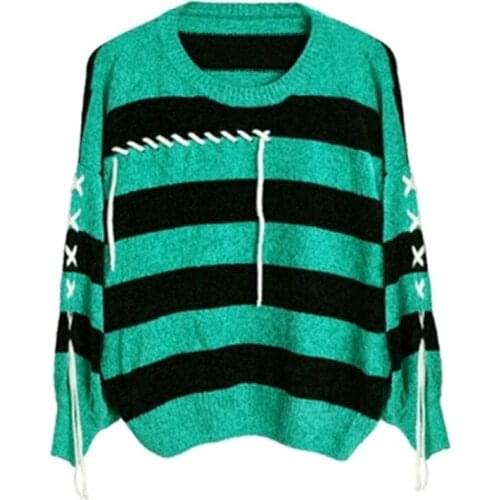 100%hand made polyester knit women fashion tassel Oneck striped pullover sweater batwing sleeve one&over size