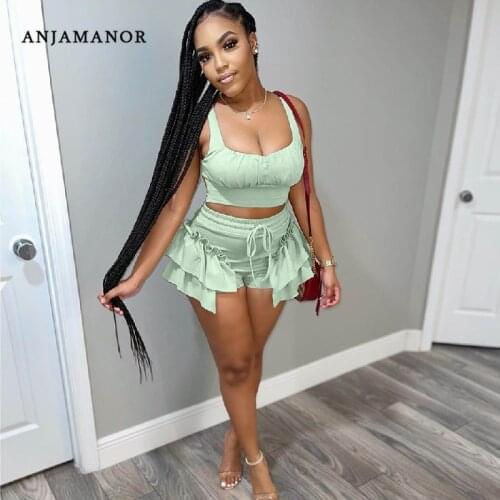 ANJAMANOR Sexy Ruffles Shorts and Crop Top Women Summer 2 Piece Sets Fashion Club Vacation Outfits Wholesale Items D74-DZ30