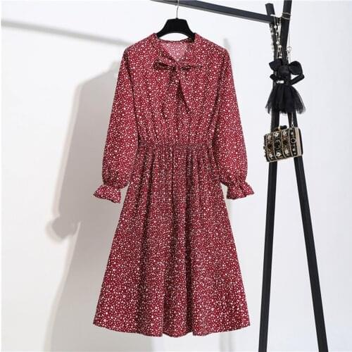 40# Women Bowknot Sexy dress Floral Chiffon Long Sleeve Printing Casual Party Vintage Maxi Dress Petal sleeve plus size dresses
